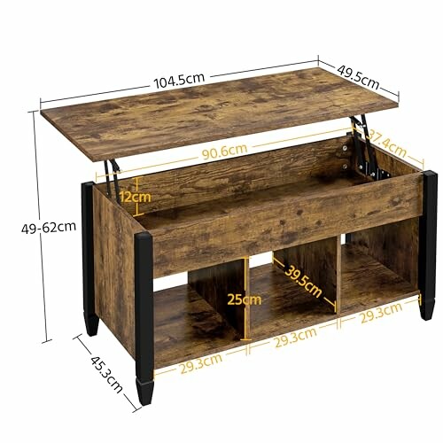 Table basse rustique avec dessus relevable et dimensions.