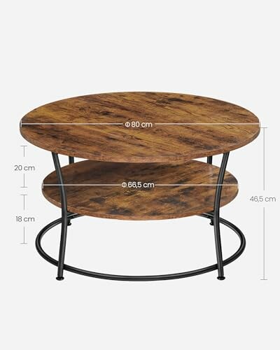 Table basse ronde rustique avec dimensions indiquées.