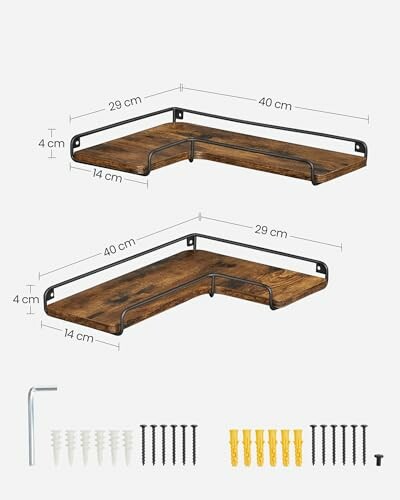 Étagères d'angle en bois avec accessoires de montage.