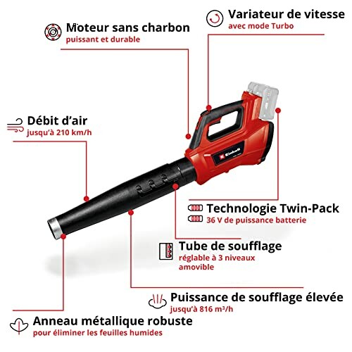 Souffleur à batterie avec moteur sans charbon et variateur de vitesse.