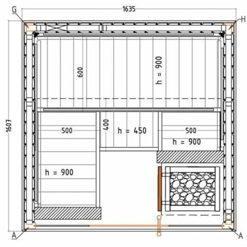 Plan d'aménagement intérieur d'un sauna avec dimensions