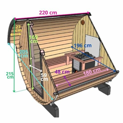 Diagramme montrant les dimensions d'un sauna en bois.