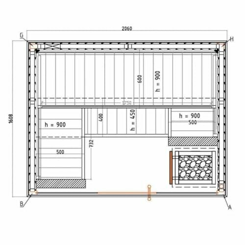 Plan d'étage d'un sauna avec dimensions