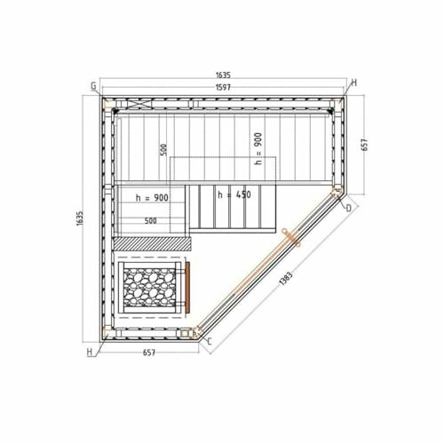Plan d'étage d'un sauna avec dimensions.