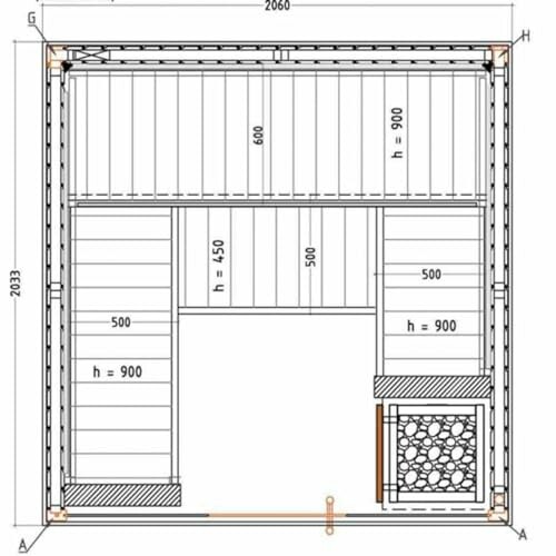 Plan d'étage d'une pièce de sauna avec dimensions.