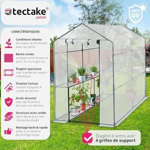 Serre de jardin transparente avec étagères pour plantes.