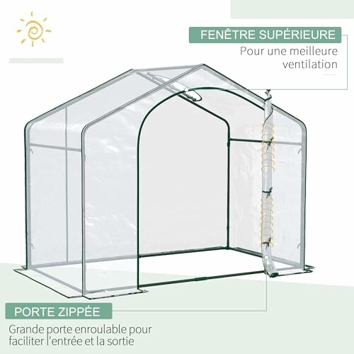 Serre de jardin avec porte zippée et fenêtre supérieure pour ventilation.