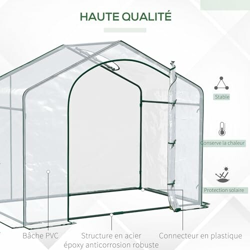 Serre tunnel de jardin avec bâche PVC et structure en acier.