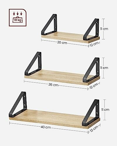 Étagères murales en bois avec supports métalliques, trois tailles différentes