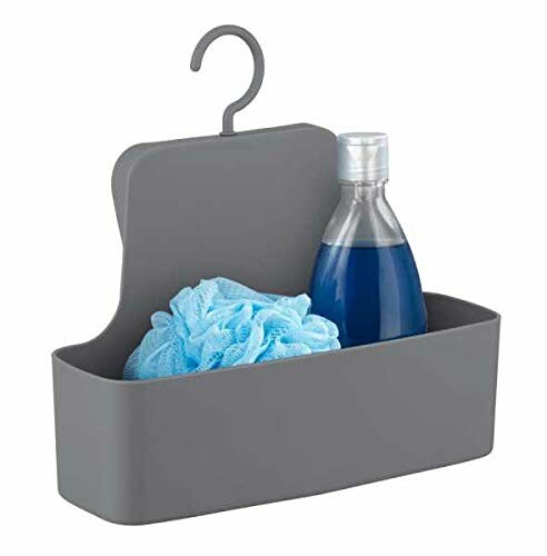 Organisateur de douche gris avec crochet, contenant une éponge et une bouteille.