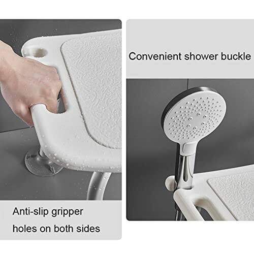 Caractéristiques de la chaise de douche avec poignée antidérapante et support de douche.