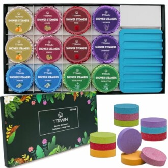 Coffret de pastilles de douche aromatiques avec différentes fragrances.