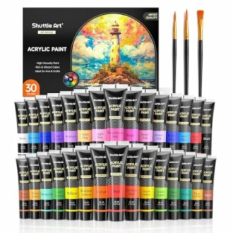 Ensemble de peintures acryliques Shuttle Art avec 30 couleurs et pinceaux.