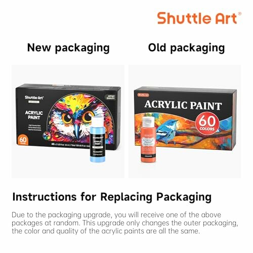 Comparaison des emballages de peinture acrylique Shuttle Art.