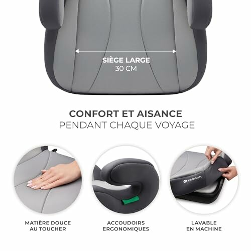 Siège auto confortable avec siège large, matière douce, accoudoirs ergonomiques et lavable en machine.