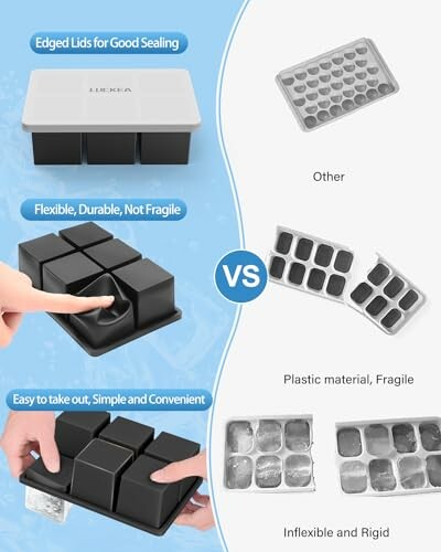 Comparaison entre un bac à glaçons en silicone flexible et un bac en plastique fragile.