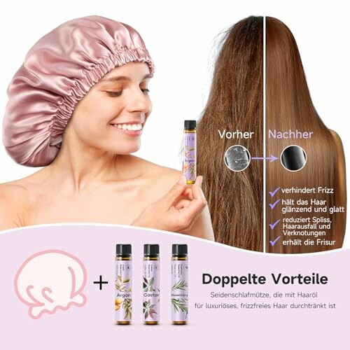 Femme avec un bonnet en soie et des cheveux lisses après utilisation du sérum