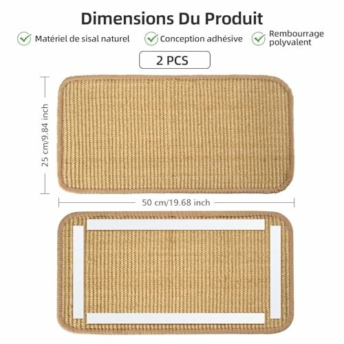 Tapis en sisal naturel avec dimensions et conception adhésive.