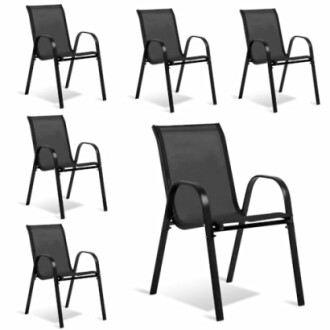 Six chaises de patio noires empilables.