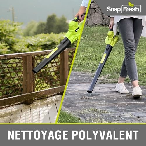 Souffleur de feuilles polyvalent utilisé sur terrasse et jardin.