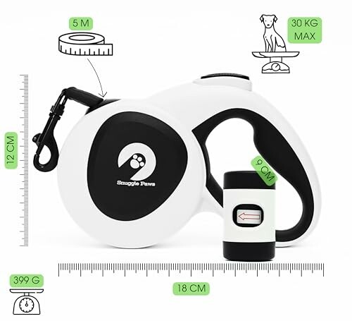 Laisse rétractable pour chien avec mètre et sac à déchets.