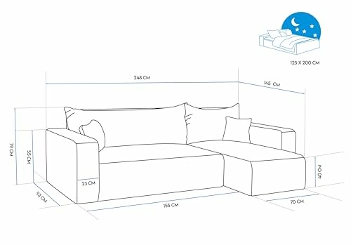 Schéma de dimensions d'un canapé convertible avec méridienne.