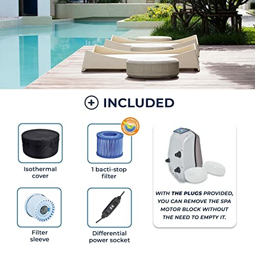 Accessoires de spa avec couverture isotherme, filtre, prise de courant différentielle et bloc moteur.
