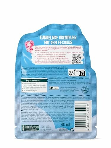 Dos d'un emballage de mousse de bain pour enfants avec thème de pégase.