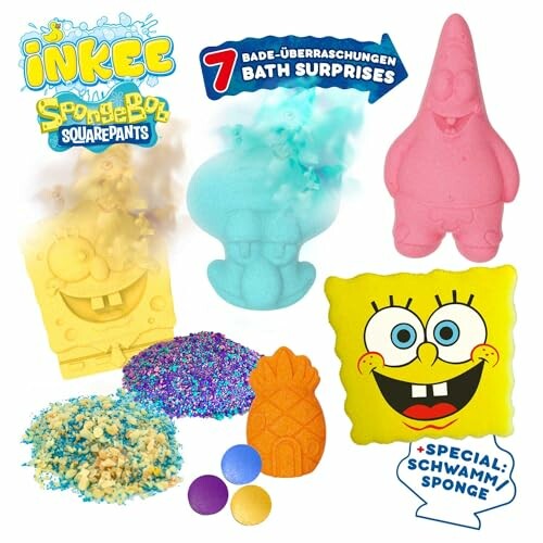 Ensemble de bombes de bain SpongeBob avec personnages colorés et éponge.