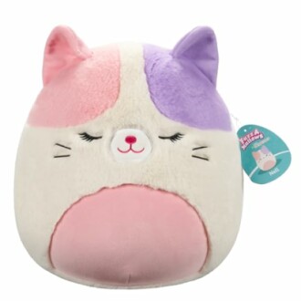 Peluche chat multicolore avec étiquette