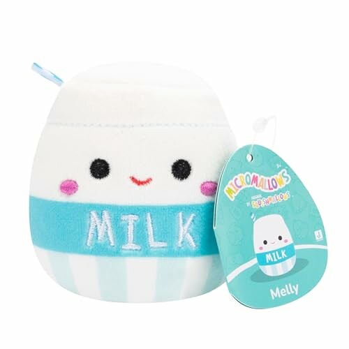 Peluche Squishmallow en forme de carton de lait avec visage souriant.