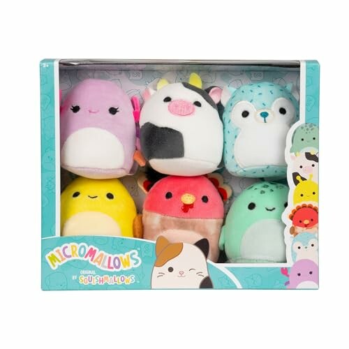 Ensemble de peluches Squishmallows colorées et mignonnes dans une boîte.