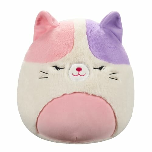 Peluche chat doux avec oreilles roses et violettes.