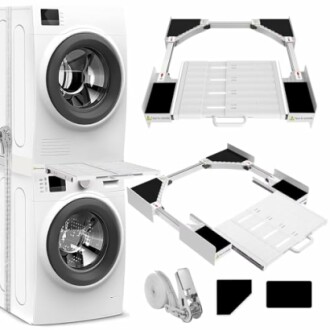 Lave-linge et sèche-linge empilables avec piédestal réglable.