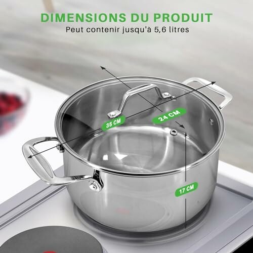 Casserole en acier inoxydable avec dimensions indiquées.