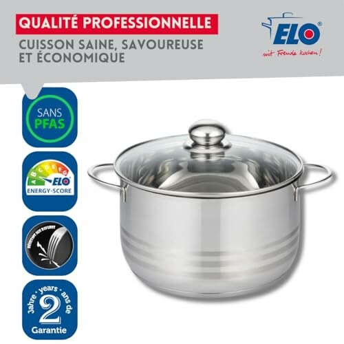 Casserole en acier inoxydable avec couvercle et logos de certification.