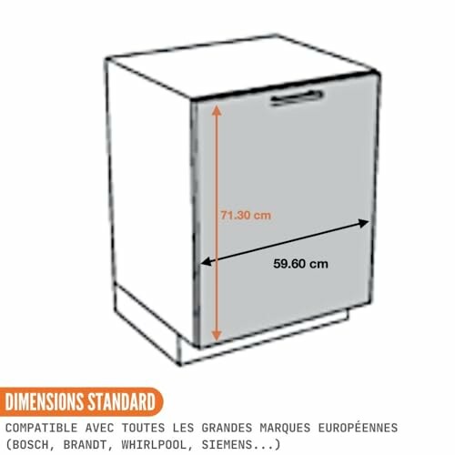 Lave-vaisselle avec dimensions standard, 71,30 cm de hauteur et 59,60 cm de largeur.