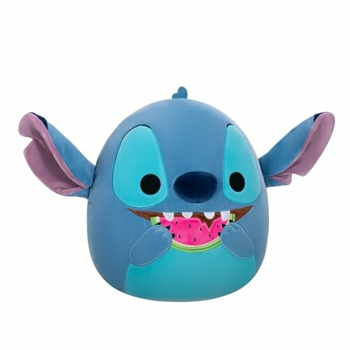 Peluche bleue de dessin animé tenant une pastèque.