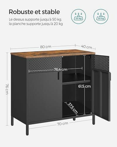 Armoire de rangement robuste avec dimensions et capacité de charge.