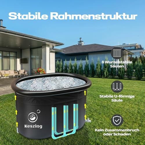 Piscine avec structure de cadre stable dans un jardin.