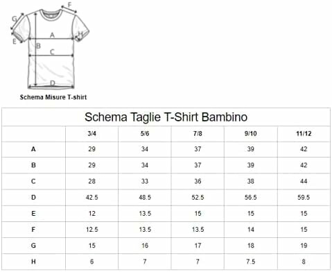 Tableau des tailles de t-shirt pour enfants avec mesures.