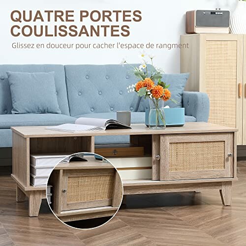 Table basse en bois avec portes coulissantes et rangement