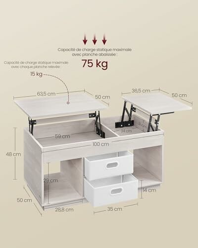 Table basse blanche avec compartiments et capacité de charge.