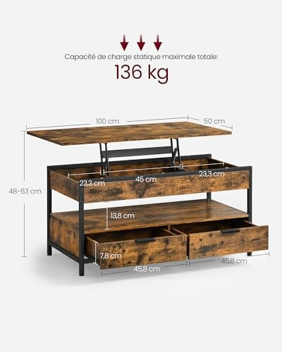 Table basse en bois avec rangement et mécanisme de levage, dimensions indiquées.