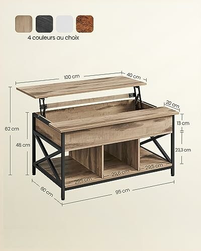 Table basse en bois avec rangement et options de couleur.