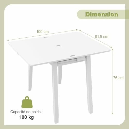 Table blanche avec dimensions et capacité de poids