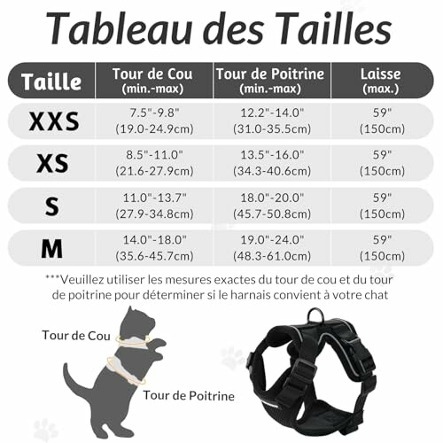 Tableau des tailles pour harnais de chat avec mesures en pouces et centimètres.