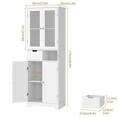 Armoire de rangement blanche avec dimensions affichées.