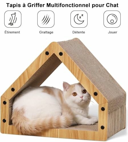 Chat allongé sur un tapis à griffer multifonctionnel en forme de maison.