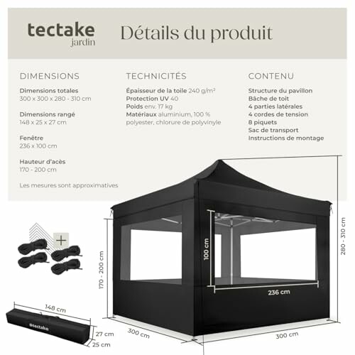 Détails du produit pour un pavillon tectake avec dimensions et caractéristiques.